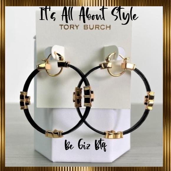 🆕 Authentic Tory Burch Gold Black Serif T & Leather Hoop Earrings - Picture 7 of 7